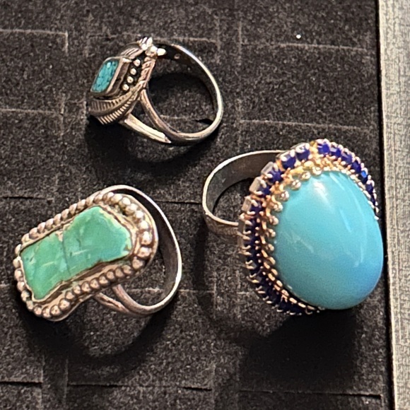Vintage TURQUOISE RINGS Silver Blue Crystals